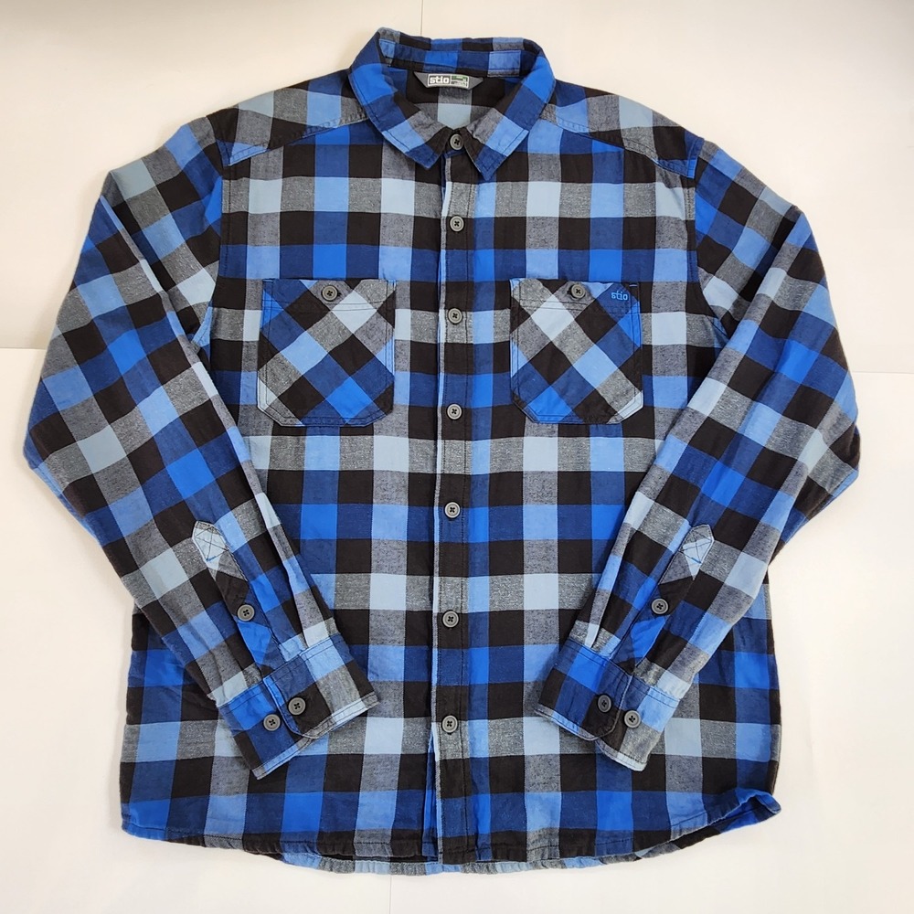 STIO Flannel Men's M Organic Cotton Long-Sleeve Shirt Blue Buffalo-Check Plaid